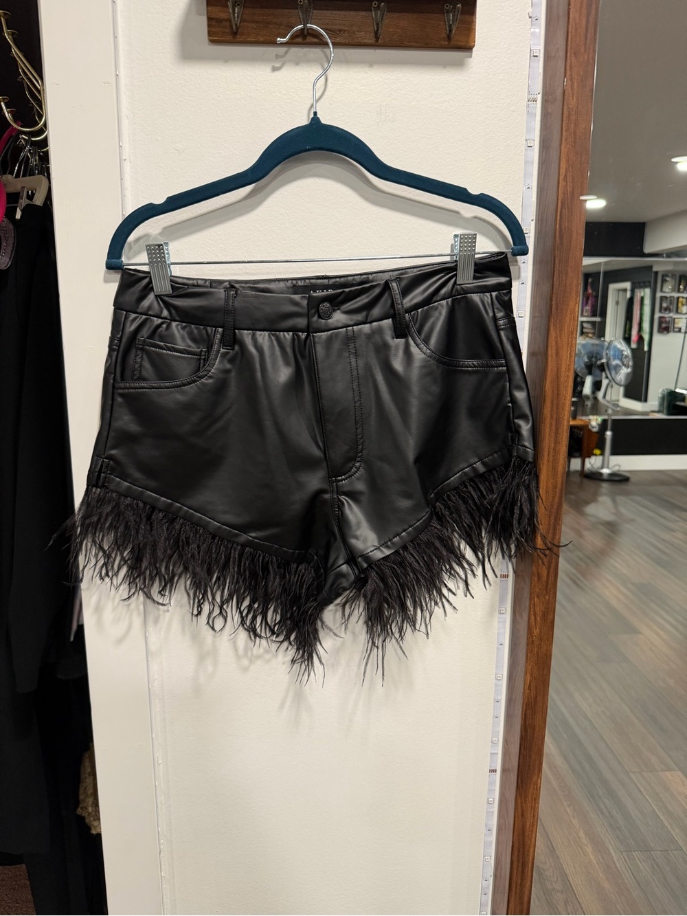 AKIRA Black Faux Leather Feather-Trim Shorts